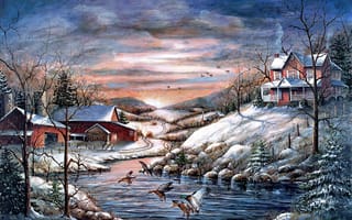 Картинка Mary Ann Vessey, дома, лёд, живопись, коттедж, ёлки, снег, Winter Haven, холод, животные, утки, птицы, зима