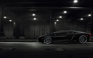 Картинка Lamborghini, profile, Aventador, black, тоннель, лампы, LP700-4