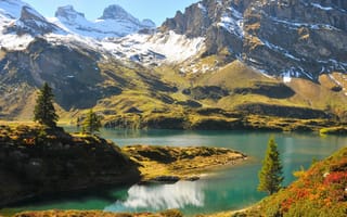 Обои Пейзаж, Швейцария, природа, горы, озеро, деревья, снег, скалы