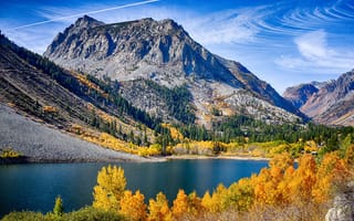 Картинка озеро, облака, деревья, осень, небо, горы