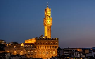 Картинка небо, Палаццо Веккьо, ночь, огни, Флоренция, башня, Италия