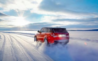 Картинка Land Rover, Range Rover, Скорость, Солнце, Снег, Sport, Внедорожник, Авто, Красный, Зима, Небо