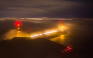 Картинка ночь, мост Золотые ворота, туман, Сан-Франциско, огни, США