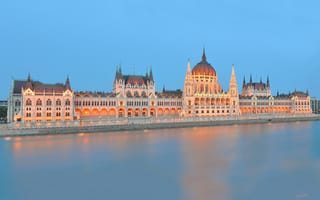 Картинка огни, Будапешт, Дунай, парламент, река, Венгрия