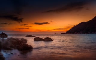Картинка Andaman Sea, пляж, скалы, гора, Malaysia, рассвет, Langkawi