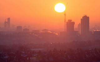 Картинка city, sunrise, smoke, building, sun