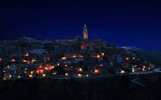 Картинка city, Sassi di Matera, night, lights, italy