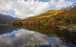 Картинка горы, лес, осень, облака, отражение, озеро