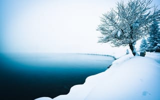 Обои природа, озеро, зима, туман