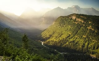 Картинка Glacier National Park, гора, USA, Montana, лес, панорамма, долина, вид, национальный парк