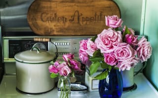 Картинка цветы, вазы, розы, стол, кастрюля