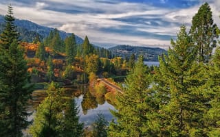 Картинка Saint Maries River, железная дорога, Idaho, река, лес, деревья