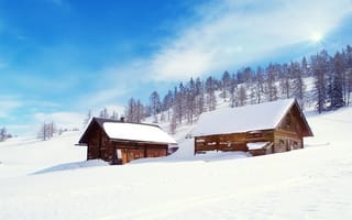 Картинка зима, домики, лес, снег