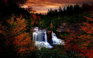 Картинка Лес, листва, водопад, деревья, закат