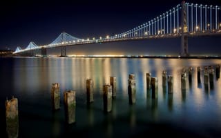 Картинка San Francisco, Калифорния, мост, California, город, ночь, Сан-Франциско, пристань, Financial District, США, огни, USA