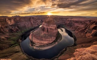 Картинка США, Horsehoe Bend, River, река, Nature, Landscape, скалы, Arizona, Аризона, Sunset, каньон, плато, USA, рассвет