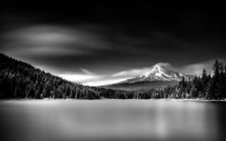Картинка Trillium Lake, черно-белое фото, озеро, гора, лес