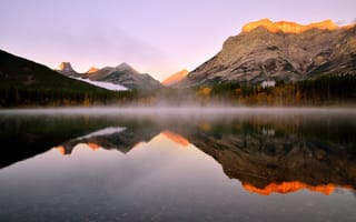 Картинка пейзаж, утро, Канада, горы, дымка, озеро