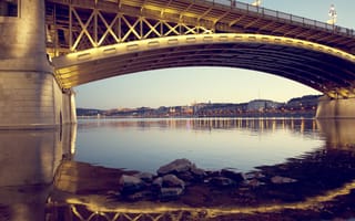 Картинка Венгрия, вечер, Будапешт, река, огни, мост