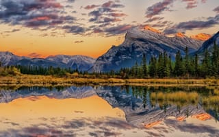 Картинка Vermillion Lakes, reflections, dust, Banff, sunset, Alberta