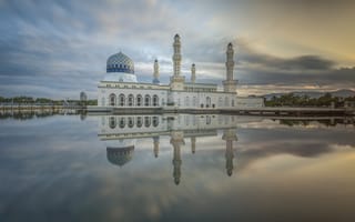 Картинка Сабах, облака, Likas Бэй, Мечеть, Кота-Кинабалу Мечеть, зеркало, Малайзия, отражение, Likas