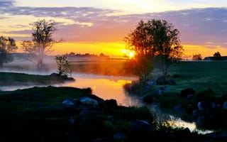 Картинка утро, река, ручей, вкчер, зоря, закат, туман, роса