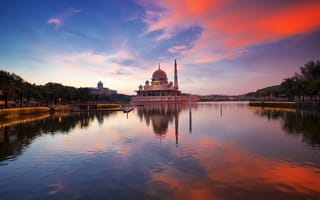 Обои закат, Мечеть Путра, облака, небо, Масджид Путра, Малайзия, зеркало, Putrajaya Озеро, отражение, Путраджайская