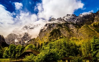 Картинка облака, Konigssee, горы, деревья, скалы, Германия