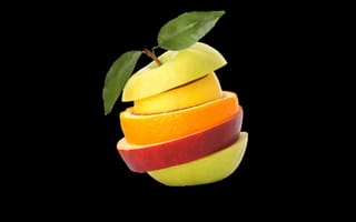 Картинка черный фон, листик, яблоко, апельсин, кусочки фруктов