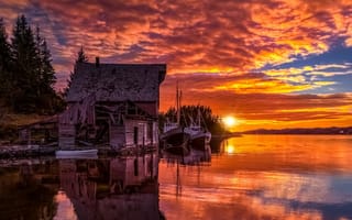 Картинка закат, корабли, озеро