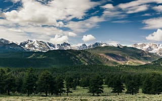 Картинка небо, Скалистые горы, облака, Соединенные Штаты, Колорадо, деревья, сосны, горы