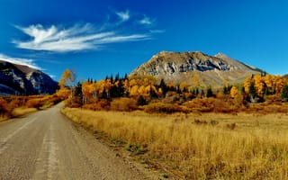 Картинка дорога, облака, Альберта, осень, Канада, горы, трава, Banff National Park, деревья