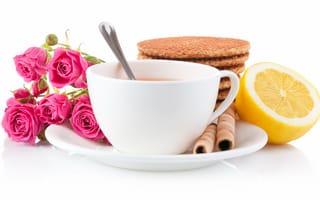 Картинка чашка чая, печенье, лимон, розы