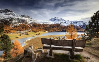 Картинка осень, река, скамья, горы