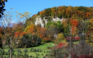 Картинка осень, трава, Halton Conservation, деревья, горы, Онтарио, Канада, дома, склон