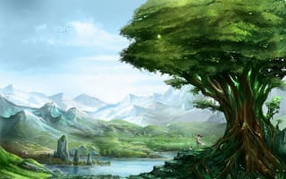 Обои арт, скалы, дерево, пейзаж, горы, девушка, озеро, зелень
