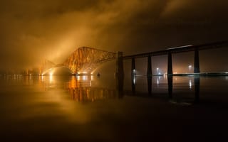 Картинка огни, река, мост, туман, ночь