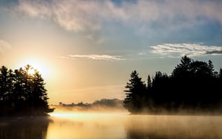 Картинка облака, Онтарио, деревья, восход, Канада, туман, зеркало, небо, озеро, отражение