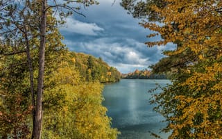 Картинка лес, озеро, осень, листья, тучи, деревья, река, небо, облака