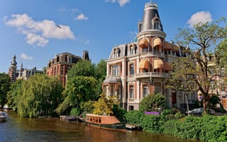 Обои Amsterdam, Holland, деревья, Амстердам, Нидерланды, дом, канал, лодка