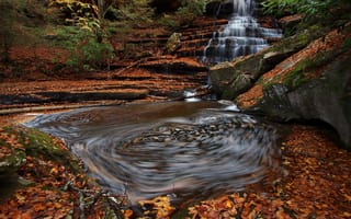Картинка листья, осень, водопад, природа