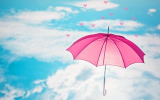 Картинка зонт, зонтик, голубое, небо, сердечки, розовый, облака