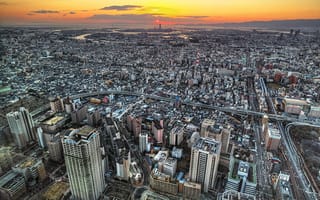 Картинка закат, архитектура, Япония, небоскребы, Осака