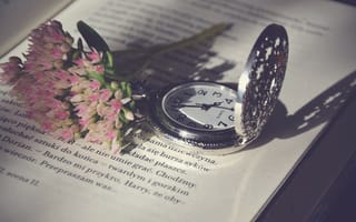 Картинка часы, страницы, текст, буквы, книга, цветы