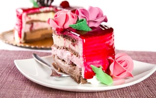 Картинка торт, крем, розовый, десерт, желе, кусочек, шоколад, розы