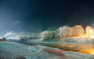 Картинка зима, снег, река, Ночь, иней