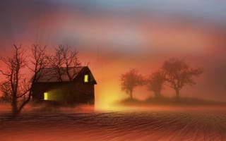 Картинка ночь, туман, дом