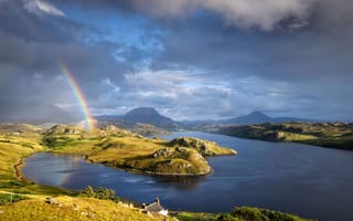 Картинка горы, тучи, северо-западное нагорье, Шотландия, радуга, озеро Инчард, природа