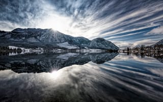 Картинка Panorama, Sunrise, Reflection, Grundlsee, Alps, Austria