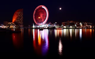 Картинка Japan, колесо обозрения, Yokohama, луна, город, япония, Йокогама, огни